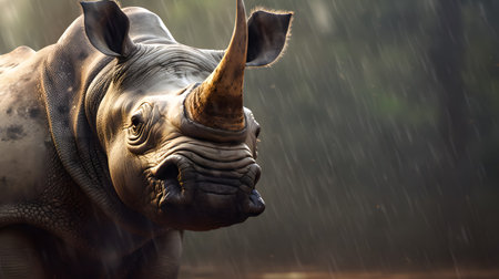 White rhinoceros (Rhinoceros unicornis) in the dark forest background. The one-horned rhinoceros is now threatened with extinction. Wildlife scene.の素材