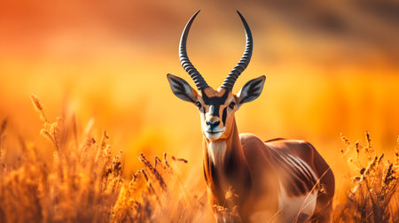Springbok or Impala antelope (Aepyceros melampus) on the grassland at sunset. African national symbolの素材