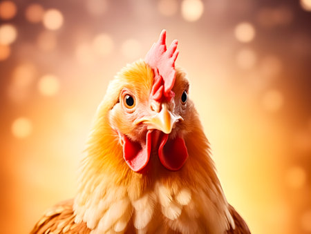Portrait of a rooster on a background of a blurred lightsの素材