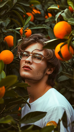 Portrait of a handsome young man in glasses on the orange tree.の素材
