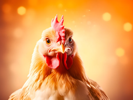 Portrait of a rooster on a background of a blurred lightsの素材