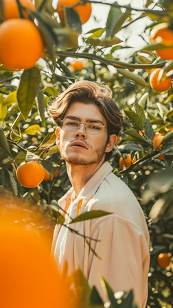 handsome young man in glasses looking away while standing among oranges on orange treeの素材