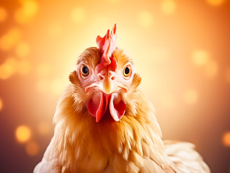 Portrait of a rooster on a background of a blurred lightsの素材