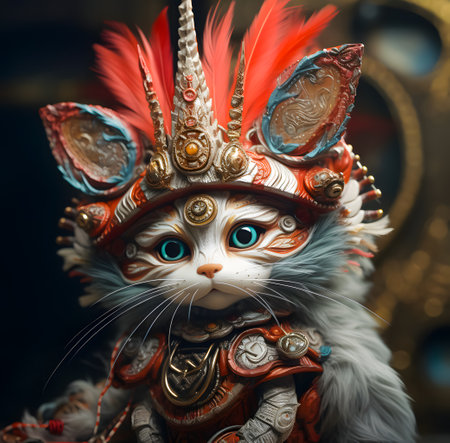 Cute cat in knight costume wearing hat and armor on dark background. Fantasy animalの素材