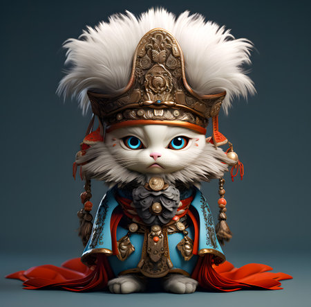 Cute cat in knight costume wearing hat and armor on dark background. Fantasy animalの素材