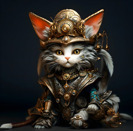Cute cat in knight costume wearing hat and armor on dark background. Fantasy animalの素材