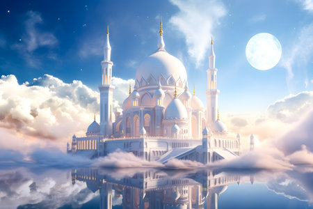 white mosque on the background of the moon and clouds in the skyの素材