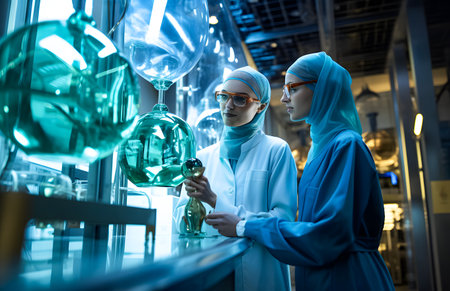 scientists in lab coat and glasses working with test tubes in chemical laboratoryの素材