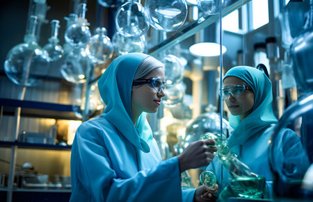 Scientist in hijab working in chemical laboratory. Young female scientist in glasses and blue robe working in chemical laboratory.の素材
