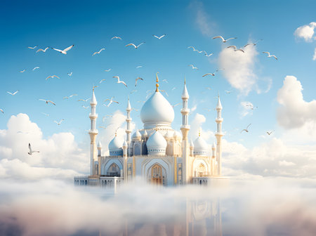 white mosque on the background of the moon and clouds in the skyの素材
