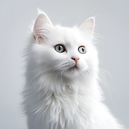 Beautiful white cat with blue eyes, isolated on grey background.の素材