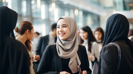 young asian muslim businesswoman smiling at camera with her team in the background while standing in officeの素材