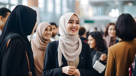 young asian muslim businesswoman smiling at camera with her team in the background while standing in officeの素材