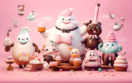 Cute cartoon animals and sweets on pink background. 3d illustrationの素材