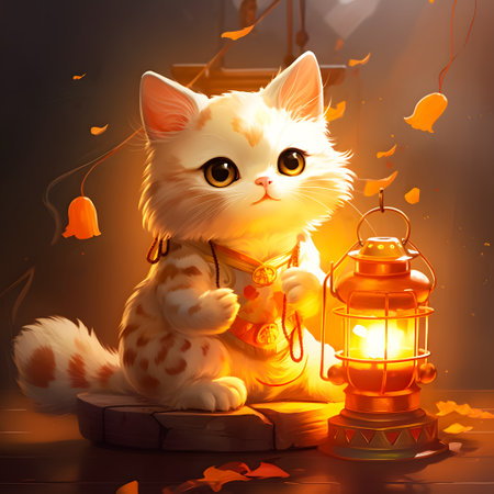 Cute kitten with lantern and autumn leaves on a dark background.の素材
