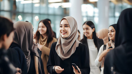 young asian muslim businesswoman smiling at camera with her team in the background while standing in officeの素材