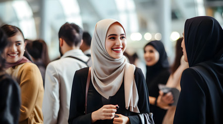 young asian muslim businesswoman smiling at camera with her team in the background while standing in officeの素材