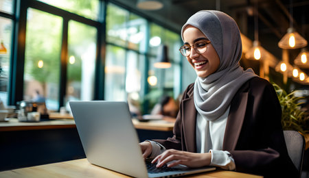 asian woman muslim Hijab businesswoman working on laptop computer at cafeの素材