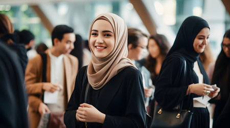 young asian muslim businesswoman smiling at camera with her team in the background while standing in officeの素材