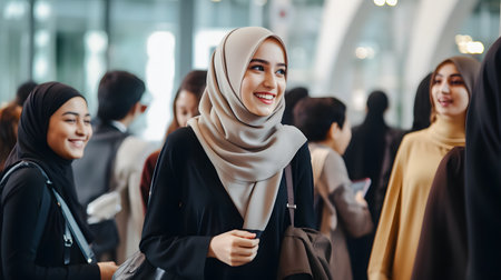 young asian muslim businesswoman smiling at camera with her team in the background while standing in officeの素材