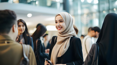 young asian muslim businesswoman smiling at camera with her team in the background while standing in officeの素材