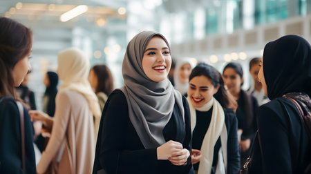 young asian muslim businesswoman smiling at camera with her team in the background while standing in officeの素材