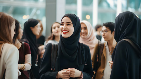 young asian muslim businesswoman smiling at camera with her team in the background while standing in officeの素材