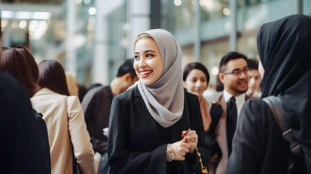 young asian muslim businesswoman smiling at camera with her team in the background while standing in officeの素材
