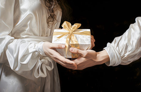 Hands of a man and a woman holding a gift box on a black backgroundの素材