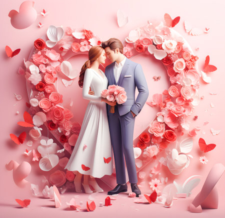 Romantic couple in love on a pink background with heart-shaped flowersの素材
