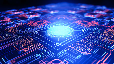 Futuristic circuit board with glowing lights. 3D Renderingの素材