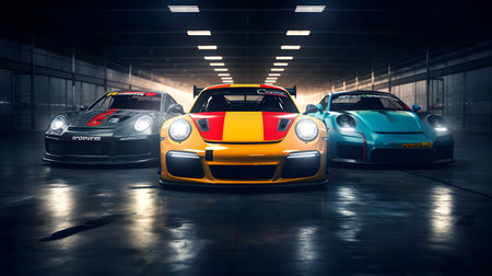 Sports cars in the parking lot at night. 3D rendering.の素材