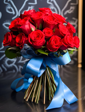 Bouquet of red roses with blue ribbon on dark background.の素材