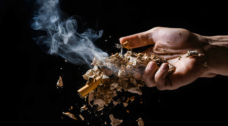 Close-up of human hand breaking cigarette with smoke on black backgroundの素材
