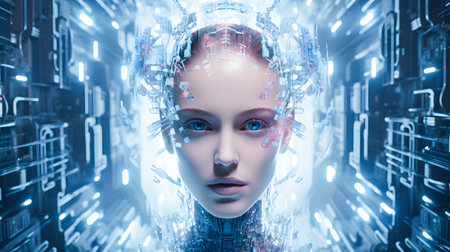 3d rendering cyborg woman face with circuit board on the backgroundの素材