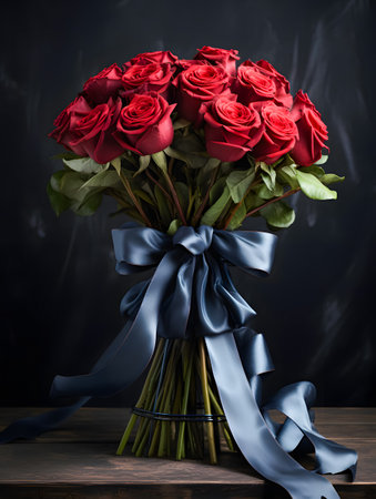 Bouquet of red roses with blue ribbon on a black backgroundの素材