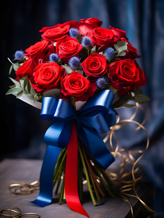 Bouquet of red roses with a blue ribbon on a dark backgroundの素材