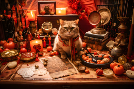 Beautiful cat in the interior of the Chinese temple, vintage styleの素材