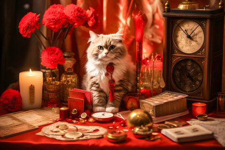 Beautiful Persian cat sitting on a red table with books, candlesticks and candlesの素材