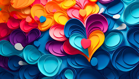 Colorful paper hearts on blue background. 3d render illustration.の素材