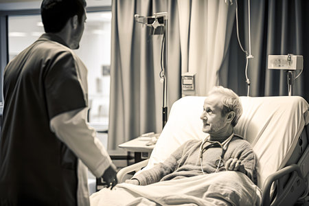 Elderly woman lying in hospital bed and talking with doctor.の素材