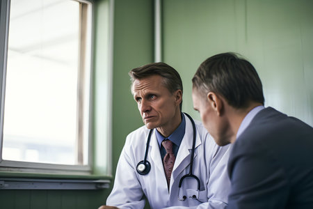 Doctor and patient discussing something while sitting at the table. Medicine and health care concept.の素材