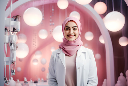 Muslim woman in hijab and white coat looking at camera in beauty salonの素材