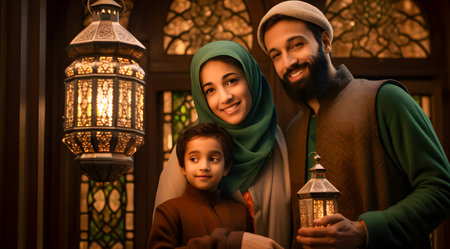 Happy muslim family in the mosque. Ramadan Kareem background.の素材