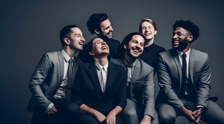 Group of young multiethnic businesspeople sitting on grey background and laughingの素材