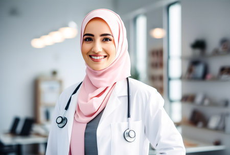 Portrait of a smiling muslim female doctor with stethoscopeの素材
