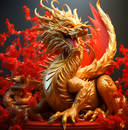 Golden dragon statue with red leaves background. 3d render illustration.の素材