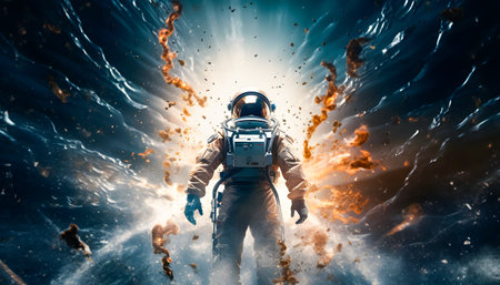 Astronaut in space. Mixed media. Mixed media. Mixed mediaの素材