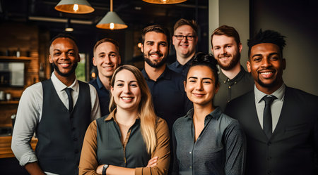 Portrait of a group of smiling business people standing in a row.の素材