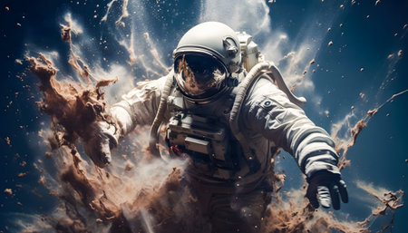 Astronaut in space suit and helmet splashing water. Mixed mediaの素材